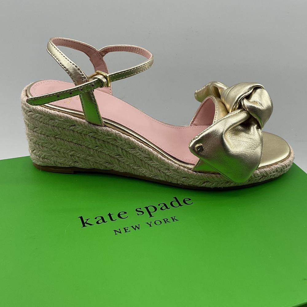 Kate Spade New York Gold Metallic Leather Bow Espadrille Wedges Sandals